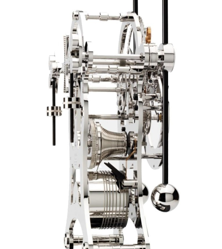 Close-up of a mechanical clock mechanism on a white background