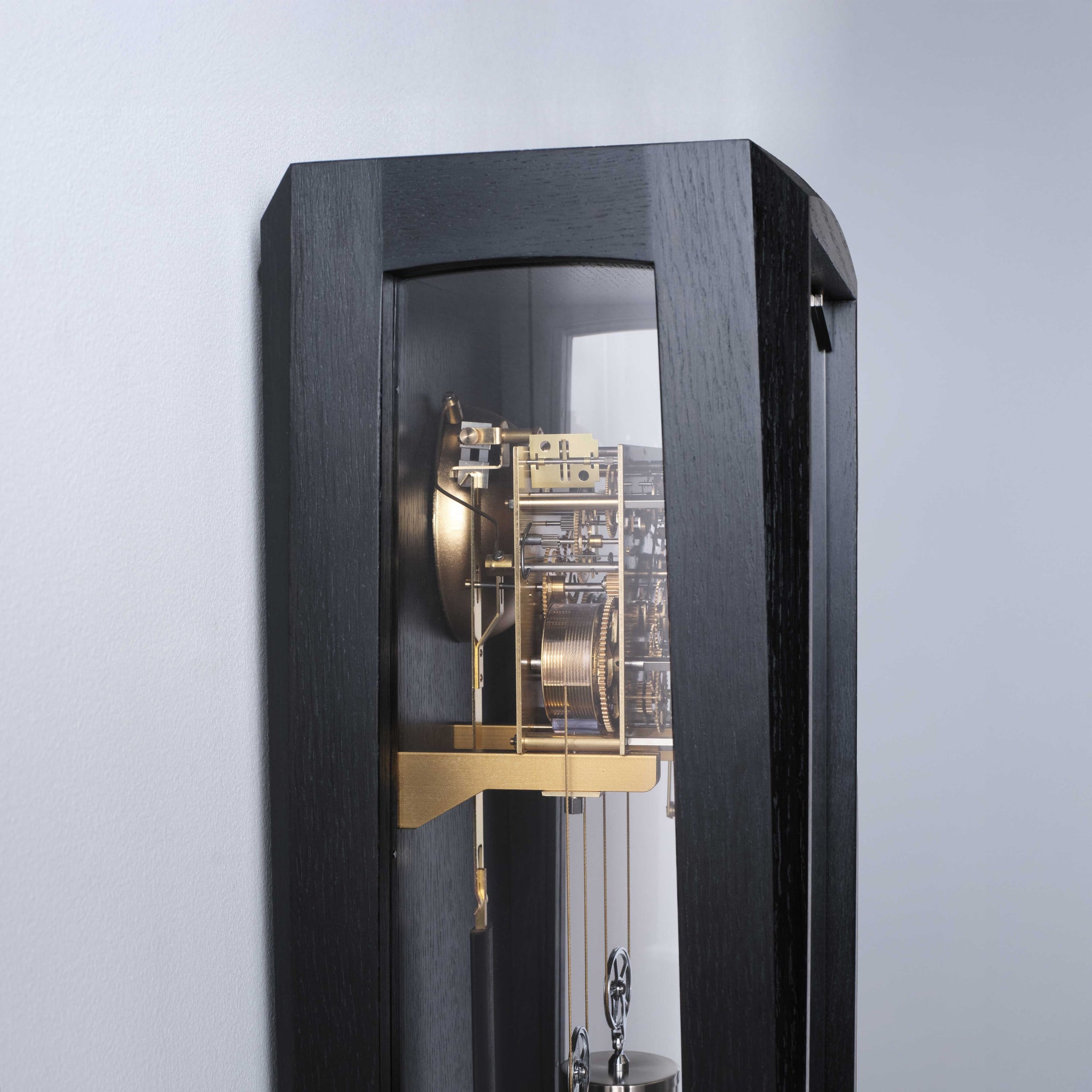 Close up of the time movement on the Froxfield Wall Regulator.